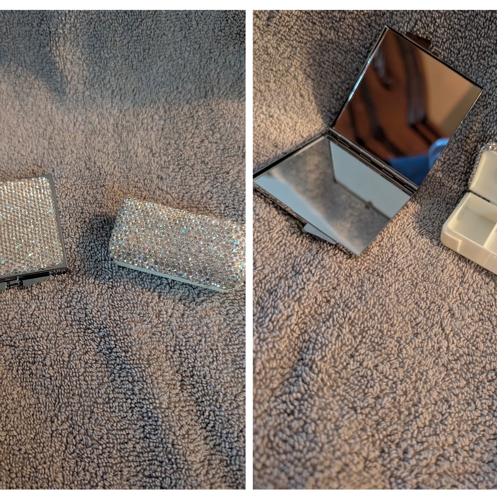 Sparkling Silver Compact Mirror & Medicine Container